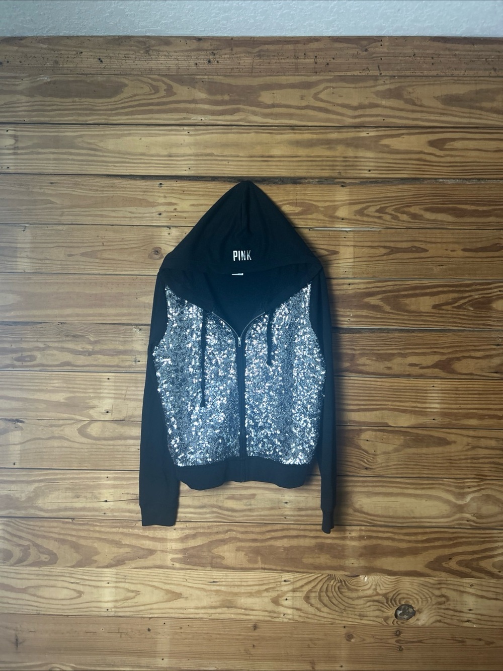 PINK Victoria's Secret Black Zip-Up Hoodie with Silver Sequin Panels